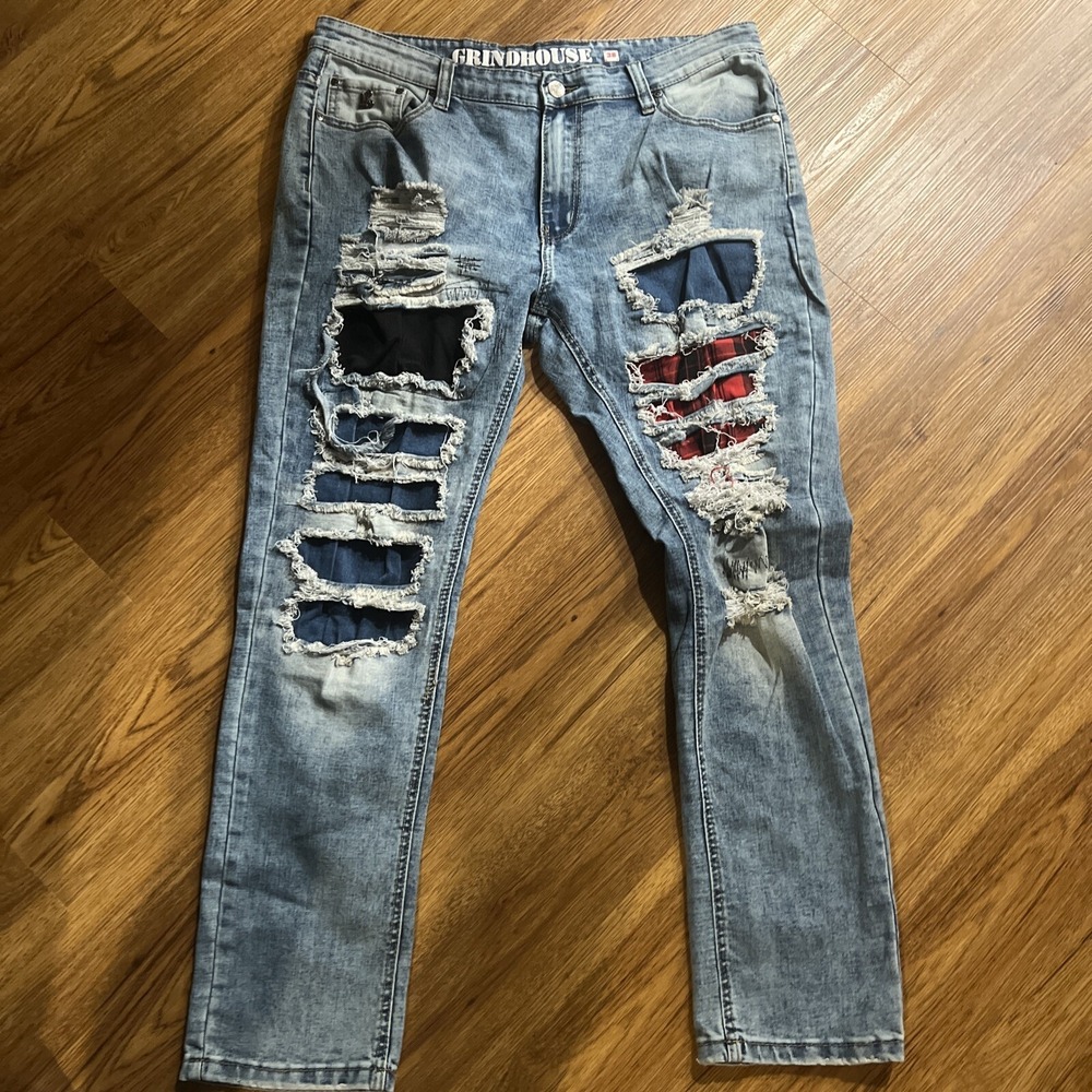 Grindhouse Denim Co Size 38 Distressed With Different Fabric Behind Distressing